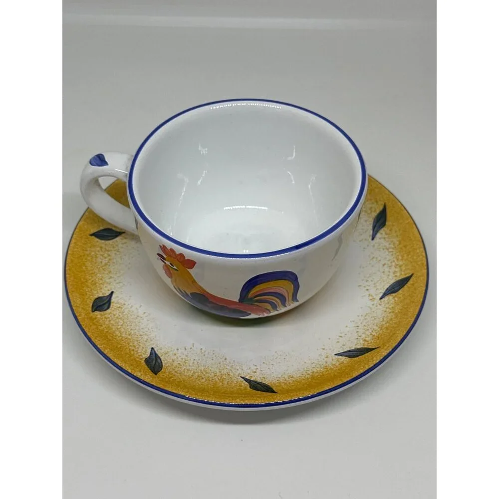 VTG‎ Herend Village Pottery Hungary Hand-Painted Rooster Coffee Cup & Saucer Set